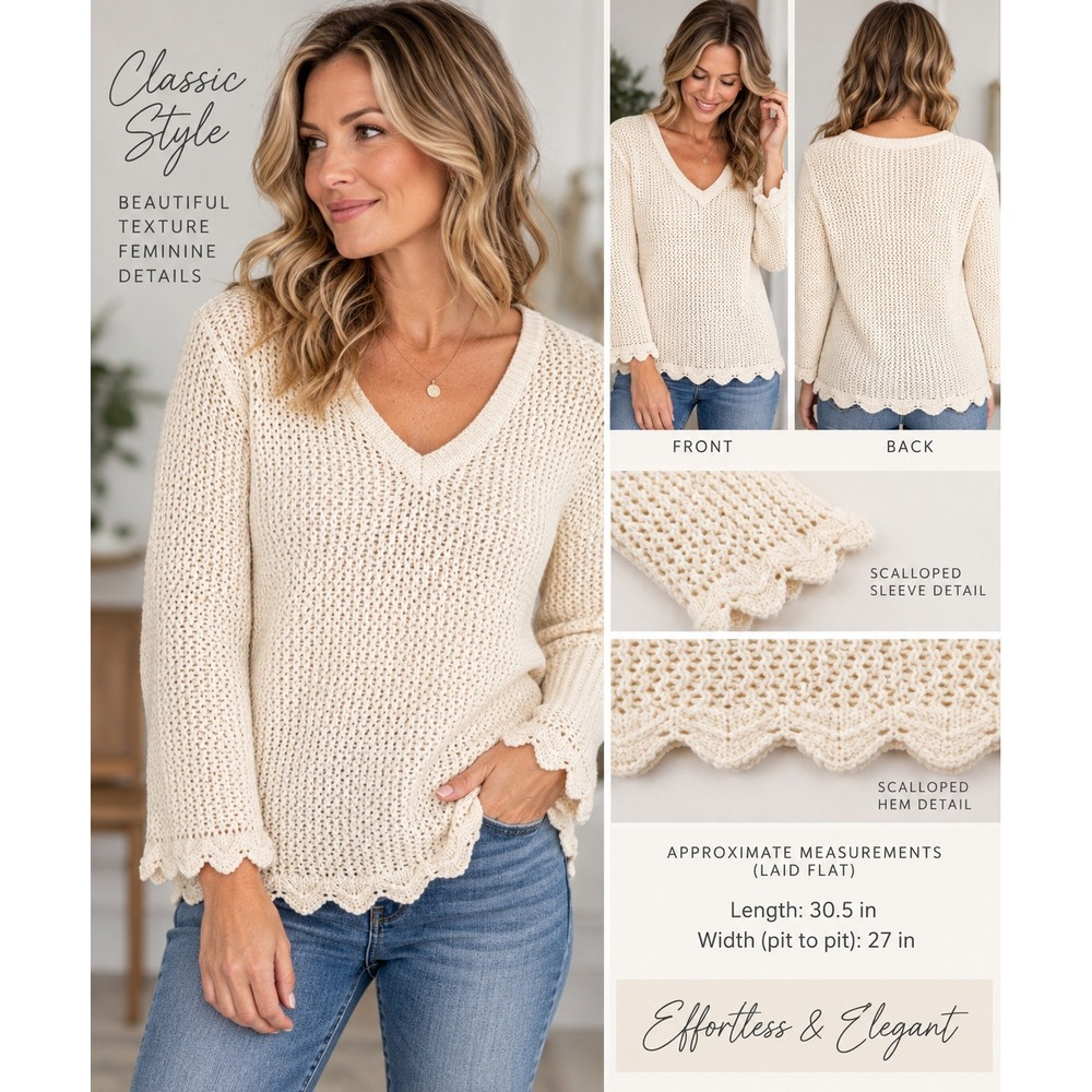 Skies Are Blue Curvy Ivory Crochet Knit V-Neck Scallop Sweater 2X Coastal Boho